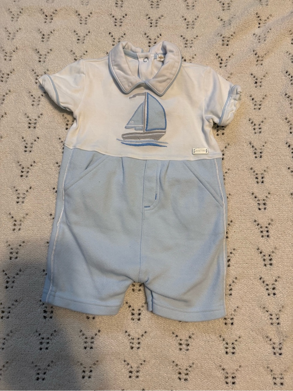 Mintini Baby Sailboat Embroidered Romper Shortall Light Blue White 9M